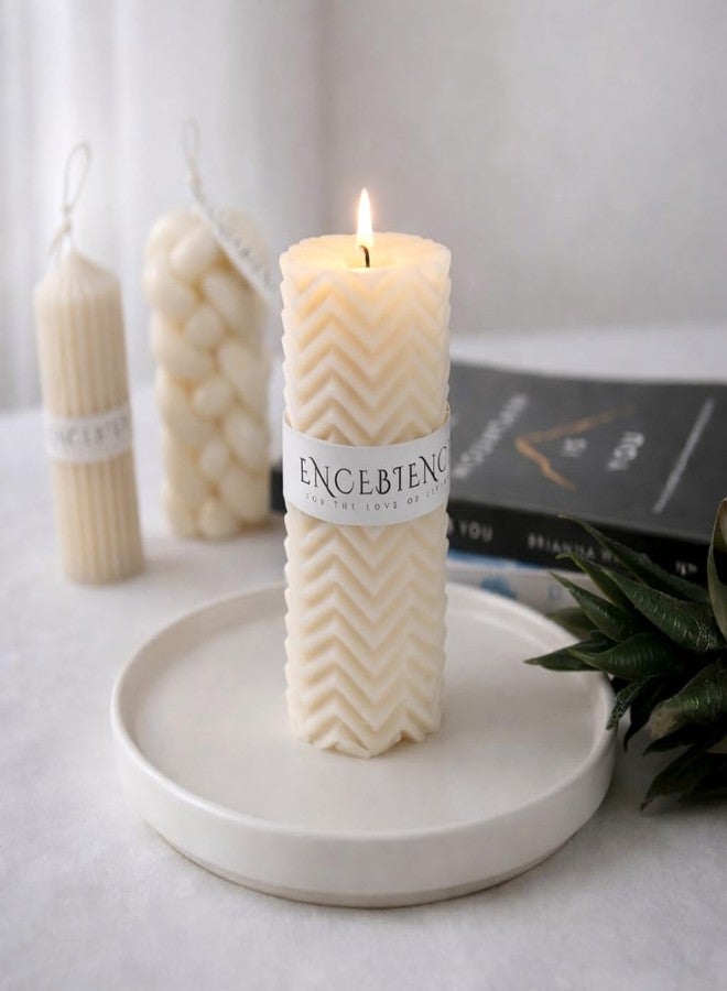 Encebience Scented Zigzag Pillar Candle | 100% Pure Soy & Bees Wax | Premium French Lavender Aroma | Artistic Zigzag Design Home Décor Candle - 250 gm | Medium - Image 1